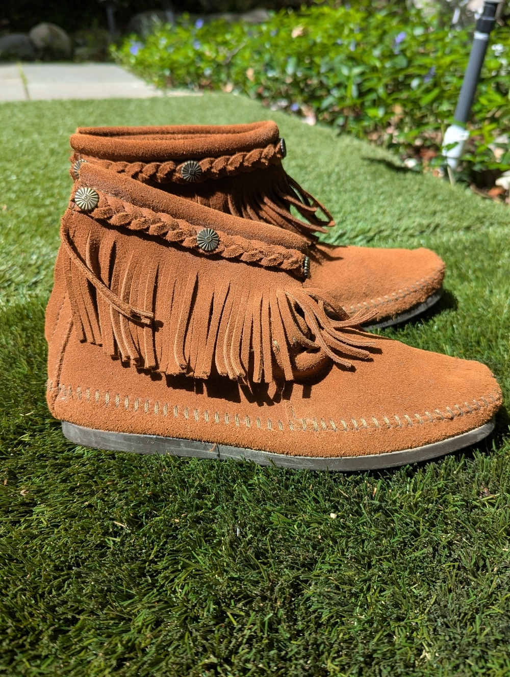 Womens Minnetonka Rust Brown Suede Fringe Ankle Moccasins Boho Festival 7.5